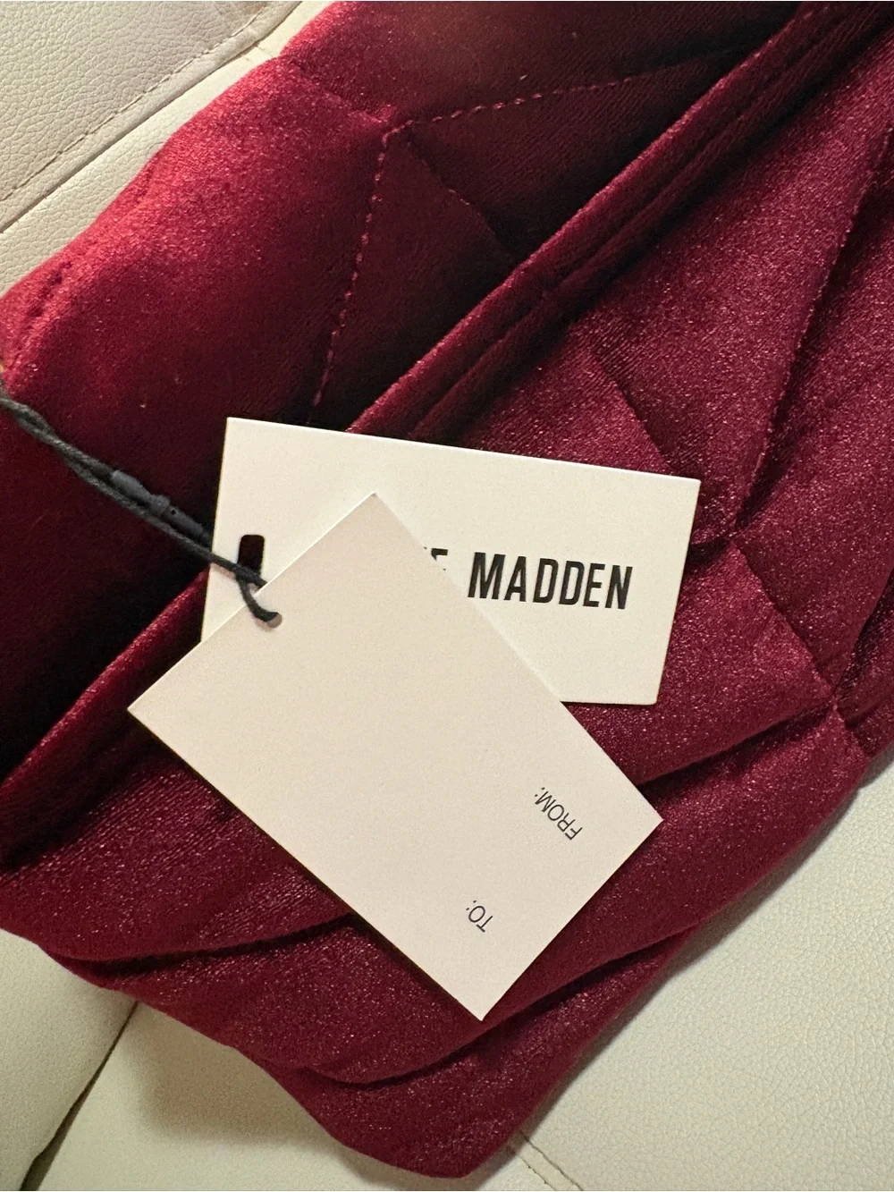 Steve Madden Wine Red Velvet Shoulder Bag with Gold Chain